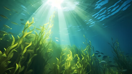  Green bright algae growing underwater