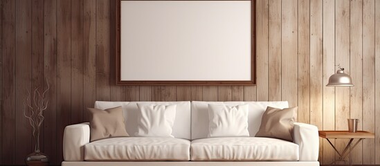 Wall Mural - Close up view of a comfortable couch positioned in a well-furnished room, featuring a stylish picture frame on the wall