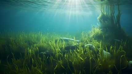  Green bright algae growing underwater