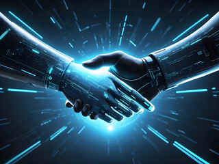 Digital futuristic style handshake, symbolizing partnership design, Experience the future with our digital handshake, symbolizing innovative partnership design.