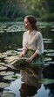 © Furkan - Serene Reflections: Woman by the Waterlily Pond