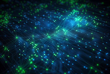Blue and green lines with luminous connections and nodes forming a complex network symbolizing global interconnectivity in the world of blockchain technology. Futuristic abstract network design