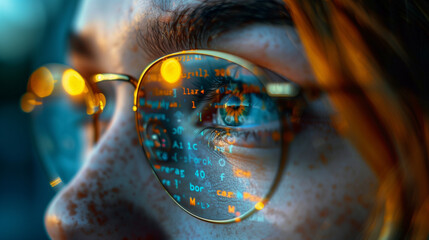 female programmer deep in code. lines of code reflected on the glasses and face softly illuminated b