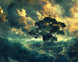 Mysterious Island, Tattered Journal, Courageous Sailor, Navigating tumultuous seas in pursuit of a lost civilization, Storm clouds loom ominously, Photography, Silhouette Lighting, Vignette
