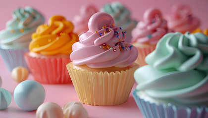 Cupcakes with colorful frosting and sprinkles in a row