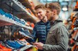 © Pinklife - Two young men are closely inspecting and discussing sneakers in a vibrant sports store