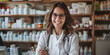 Young smiling female pharmacist by a counter in a pharmacy. Pharmacy technician on a background of drugstore. Selling prescription medicine.