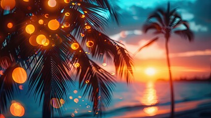 Wall Mural - Tropical Palm Trees Silhouette at Sunset - Vintage Tone and Bokeh Lights - Perfect for Summer Vacation Vibes