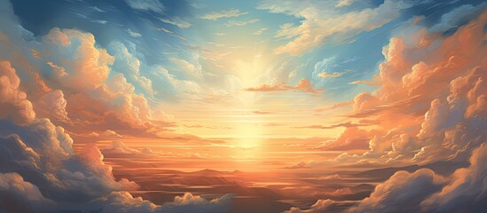 Wall Mural - a stunning natural landscape painting depicting a sunset in the clouds, with the sun shining through