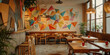 Colorful Geometric Murals Adorning Stylish Modern Cafe Interior Design