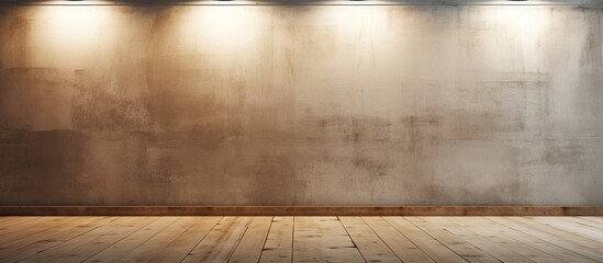 Wall Mural - An empty room with a hardwood floor stained in a rich amber shade, contrasting with the smooth concrete wall for a modern and warm atmosphere