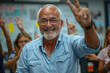© ADDICTIVE STOCK - A senior male teacher with a joyful expression, making a peace sign with students raising hands in the background. Generative AI