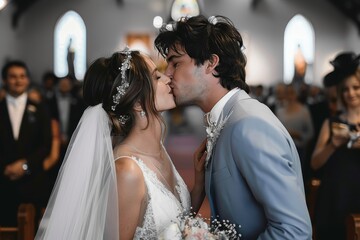 Newlyweds share a kiss in church during their wedding ceremony