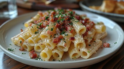 Piatto di deliziosi rigatoni alla carbonara, una ricetta tradizionale di pasta con salsa di uovo, guanciale, pecorino e pepe nero della cucina romana, pasta italiana, cibo europeo