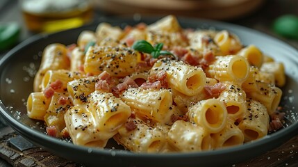 Piatto di deliziosi rigatoni alla carbonara, una ricetta tradizionale di pasta con salsa di uovo, guanciale, pecorino e pepe nero della cucina romana, pasta italiana, cibo europeo