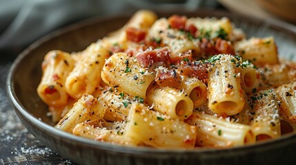 Wall Mural - Piatto di deliziosi rigatoni alla carbonara, una ricetta tradizionale di pasta con salsa di uovo, guanciale, pecorino e pepe nero della cucina romana, pasta italiana, cibo europeo