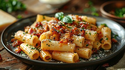 Wall Mural - Piatto di deliziosi rigatoni alla carbonara, una ricetta tradizionale di pasta con salsa di uovo, guanciale, pecorino e pepe nero della cucina romana, pasta italiana, cibo europeo