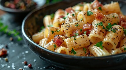 piatto di deliziosi rigatoni alla carbonara, una ricetta tradizionale di pasta con salsa di uovo, gu