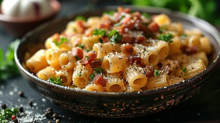 Wall Mural - Piatto di deliziosi rigatoni alla carbonara, una ricetta tradizionale di pasta con salsa di uovo, guanciale, pecorino e pepe nero della cucina romana, pasta italiana, cibo europeo