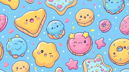 Background with cute desserts with eyes. Donuts, muffins, cute chocolate cookies. Smiling sweets on a pastel blue modern color pink beige, seamless anime style design wallpaper Food kawaii characters