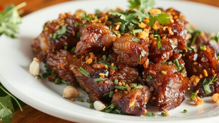 Wall Mural - Deep-fried pork belly with succulent garlic and reddish-brown flakes served in a white plate.