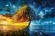 Surreal Landscape with Dual Season Tree, Ocean Sunset, and Starry Night Sky Artwork