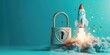 © Kaleb - Rocket taking off and padlock on blue background, startup security concept