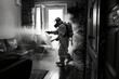 A man in a hazmat suit is spraying a room with a fogger