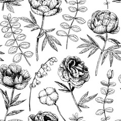 Wall Mural - Monochrome seamless pattern with peony and eucalyptus in victorian engraving style. Vector illustration.