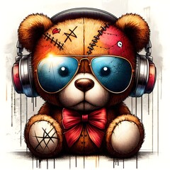 Digital art gangster Teddy Bear listens to music with stitches and classic aviator sunglasses graffiti