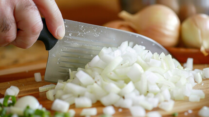 A person is actively chopping onions on a wooden cutting board.