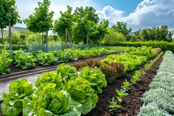 Wall Mural - A garden with many different types of vegetables, including lettuce and radishes