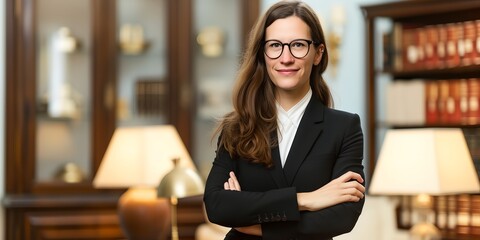 Wall Mural - A woman in a black suit and glasses stands in front of a bookshelf