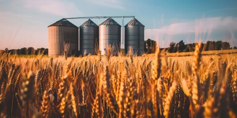 Wall Mural - silos agricultural production in a wheat field banner