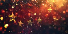 Abstract Red Background And Hanging Gold Shine Stars. New Year, Christmas Background With Gold Stars And Sparkling. Christmas Golden Light Shine Particles Bokeh On Red Background