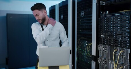 Aufkleber - Server room, man and neck pain, health problem and technician with arthritis on laptop database. Stress, data center and programmer with shoulder fibromyalgia, injury or sick with muscle inflammation