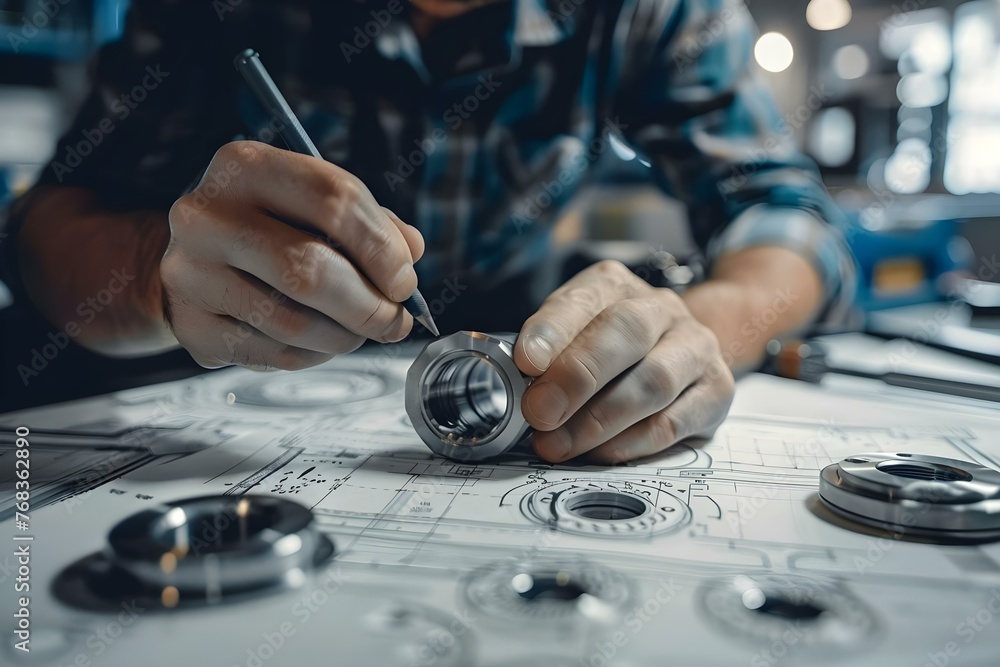 Engineer technician designing mechanical parts in a manufacturing ...