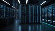 Advanced Data Technology Hub Featuring Gleaming Server Racks Under Dynamic VFX Lighting in a Dim Environment Generative AI