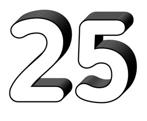 Number 25 twenty five in white color sign symbol 3d numbers for design elements isolated on transparent background