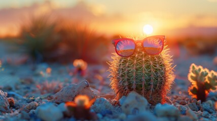 Wall Mural - Cactus wearing sunglasses in the desert at sunset