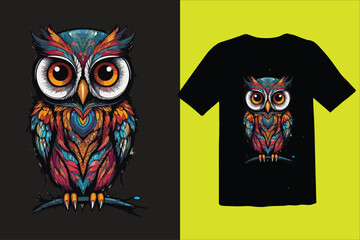  t-shirt design, colorful owl with big black eyes 