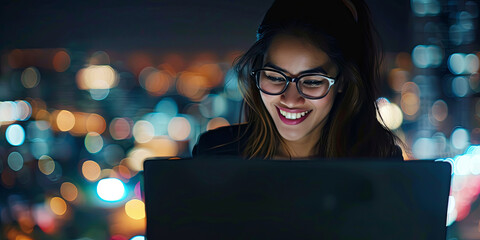 Poster - smiling woman wearing glasses is working on her laptop at night, generative AI