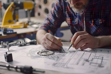 Wall Mural - Designing Mechanical Parts in a Manufacturing Factory: The Role of an Engineer Technician Utilizing Blueprints and Caliper Tools. Concept Mechanical Engineering, Manufacturing Techniques