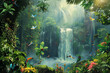 a waterfall in the middle of a forest covered with serene wildlife and beauty