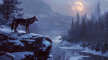 A Wolf In Winter Looking Over The River At Night As Full Moon Bright Up The Valley