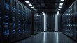 State-of-the-Art Data Processing Facility with Rows of Server Racks in a Darkened Room, Accented by Striking VFX Lighting Generative AI