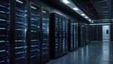 Fototapeta Na drzwi - State-of-the-Art Data Processing Facility with Rows of Server Racks in a Darkened Room, Accented by Striking VFX Lighting Generative AI