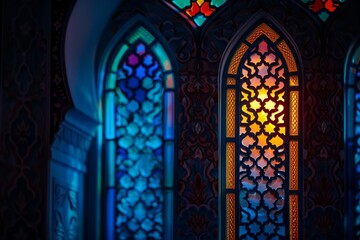 Wall Mural - The stained glass window is colorful and has a warm glow