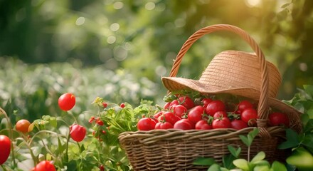 Wall Mural - Farmer's hat and basket of fresh produce, harvest day