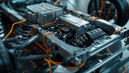 Poster - Close-up reveals electric vehicle's powertrain with battery and motor layout in focus
